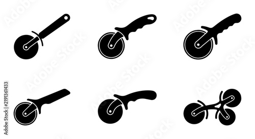 Black pizza cutter icons, kitchen utensil and cooking tool set