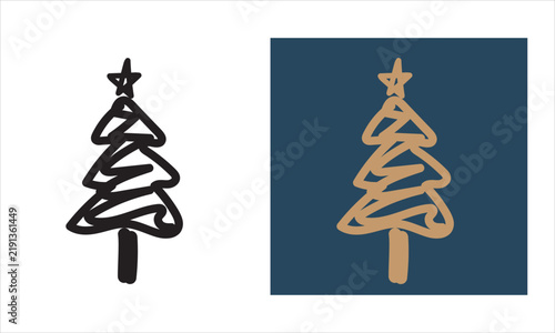 Vector illustration set of hand-drawn Christmas tree and star icons rendered in black and gold lines, minimalist holiday card decorations and design accents