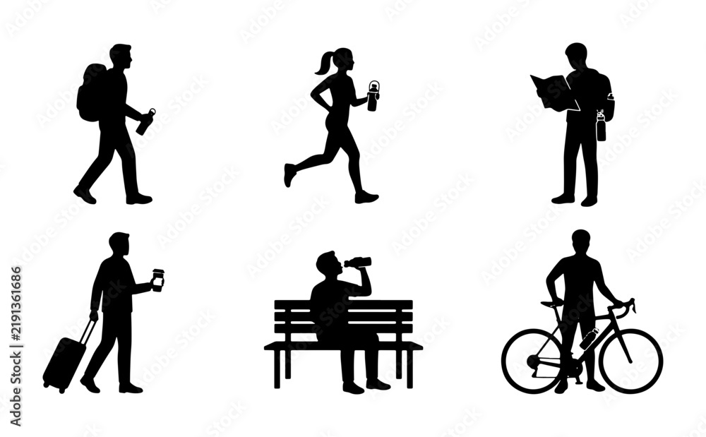 Obraz premium Black and white figures in motion and at rest, travel and lifestyle