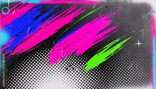 Vibrant neon brush stroke pattern, bold colors, halftone dots and grunge texture create a dynamic, retro, energetic, and youthful pop art vibe.