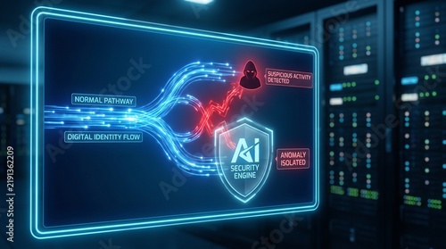 Artificial intelligence security shield protecting network traffic from cyber threat with data protection AI security threat detection digital defense information security server room technology