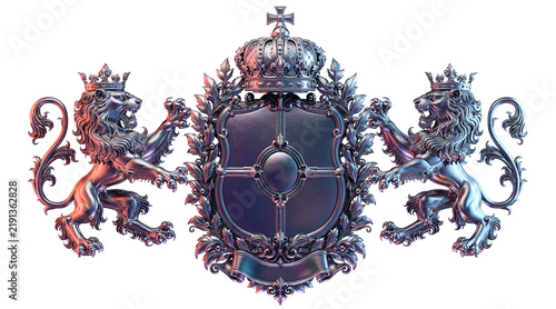 Quadro su tela Heraldic coat of arms with crowned lions, royal crown, shield and ornate medieval decoration