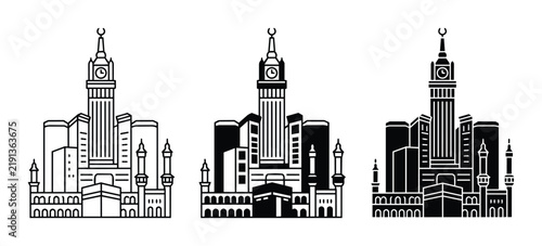 Mecca Skyline Icons, Islamic Architecture Vector Set, Makkah Landmark Collection, Saudi Arabia Cityscape Graphics