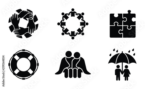 Teamwork and Support Icons Set: Collaboration, Unity, Safety, Partnership, Protection, Community Symbols