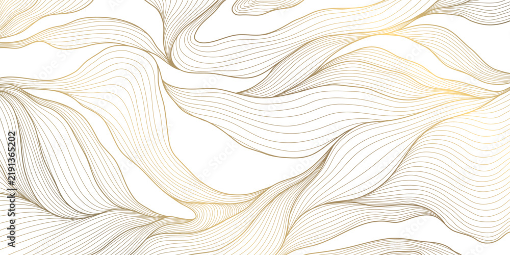 Obraz premium Elegant Japanese abstract pattern with flowing lines, waves, clouds, and geometric Art Deco elements, gold on white. Oriental wallpaper, wine label, cover, packaging, branding, stationery, and premium