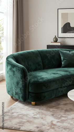 A green sofa sits in a bright living room with large windows. Soft sunlight fills the area highlighting the simple design and comfortable look of the furniture Generative AI