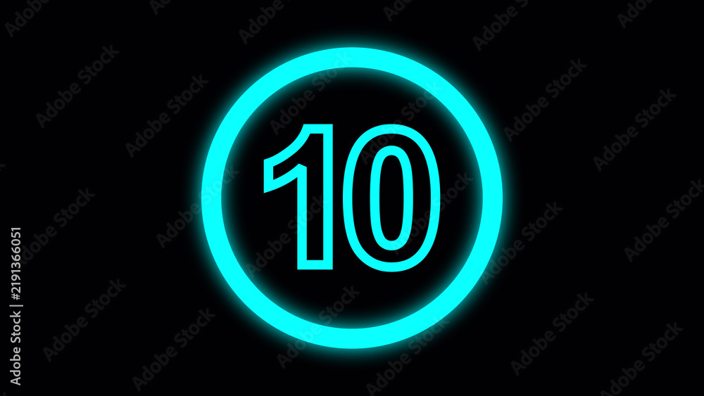 Obraz premium Glowing cyan number 10 inside a neon circle on a black background digit numeral