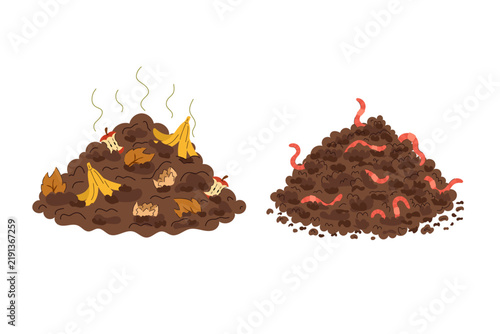 Foto Composting process illustration set features two organic soil piles: one filled with decomposing food scraps, fruit peels, eggshells, and dry leaves, and another enriched with active red earthworms