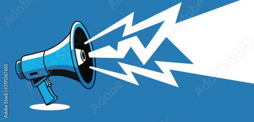 Foto Loudspeaker emitting bright crackling lightning bolt burst megaphone blue crackl