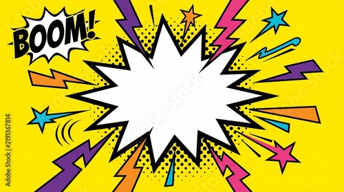 Comic style boom explosion background with blank speech bubble