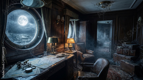 Abandoned ocean liner luxurious cabin drifting silently at midnight, halloween night