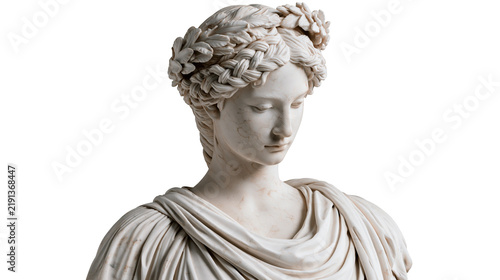 Fotografie Classical marble bust of a young woman wearing a braided laurel wreath crown