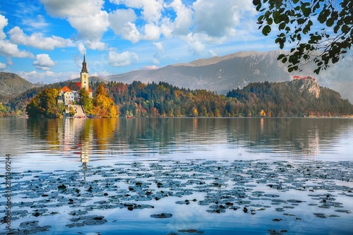 Sunny day view on popular tourist destination  Bled lake.