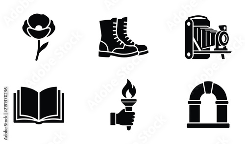 Remembrance Day Icons: Poppy, Military Boots, Vintage Camera, Open Book, Torch of Freedom, Archway - Vector Set