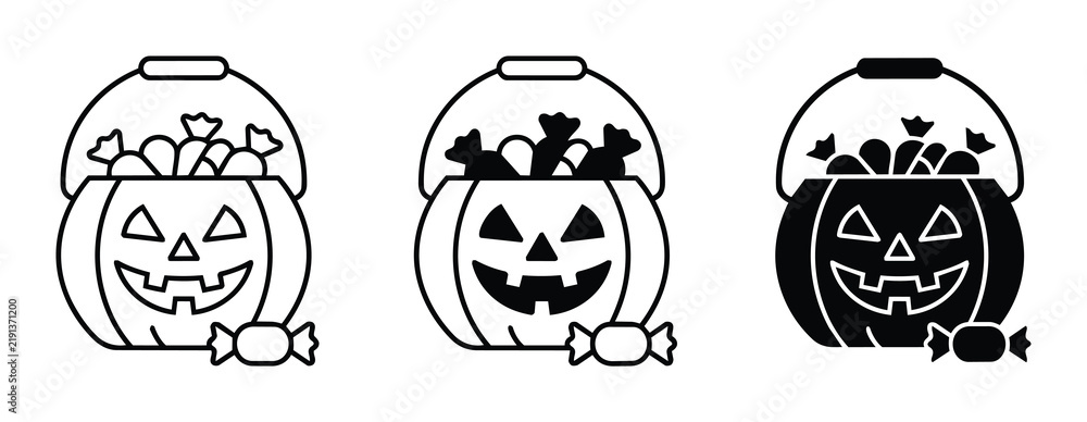 Obraz premium Halloween Pumpkin Candy Buckets, Trick-or-Treat Icons, Spooky Jack-o'-Lantern Collection, Festive Autumn Treats