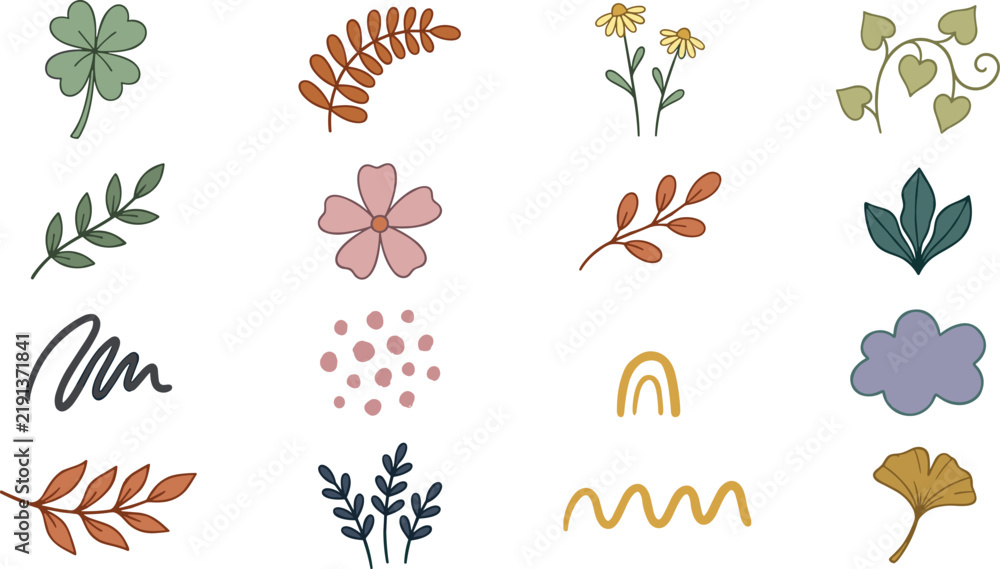 Obraz premium Hand Drawn Botanical Floral Elements Collection Featuring Clover, Wildflowers, Leaf Branches, Ginkgo Leaf, Vines, Daisies, Abstract Doodles, Dots, Arches, and Decorative Nature Motifs