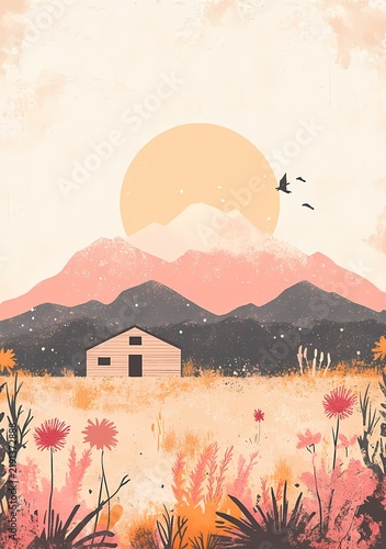 Digital illustration of a rural landscape featuring a small house with vibrant flowers and mountains under a warm sunset
