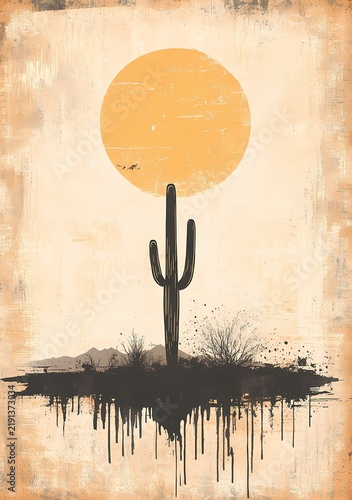 Silhouette of a cactus against a large sun in a minimalist desert landscape with earthy tones and abstract details