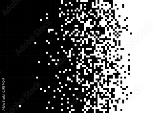 Black pixel mosaic dissolving into white space with geometric square patterns and halftone gradient effects creating modern digital dispersion art. Y2k pixel disintegration Vector design element