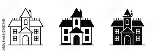 Haunted House Icons, Spooky Mansion Graphics, Gothic Building Vector Set for Halloween and Horror Themes
