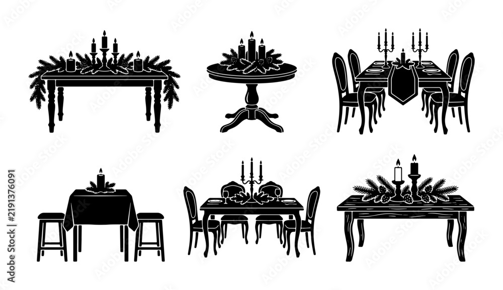 Fototapeta premium Black dining table settings silhouettes, festive candle and pine