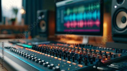 Modern music studio featuring a mixing console with glowing lights, displaying vibrant audio waveforms, symbolizing creativity and professional sound engineering