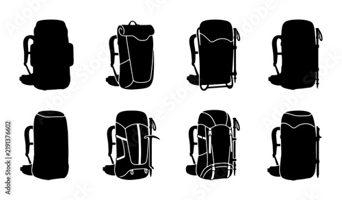 Black silhouette hiking backpacks icons, graphic set for outdoor
