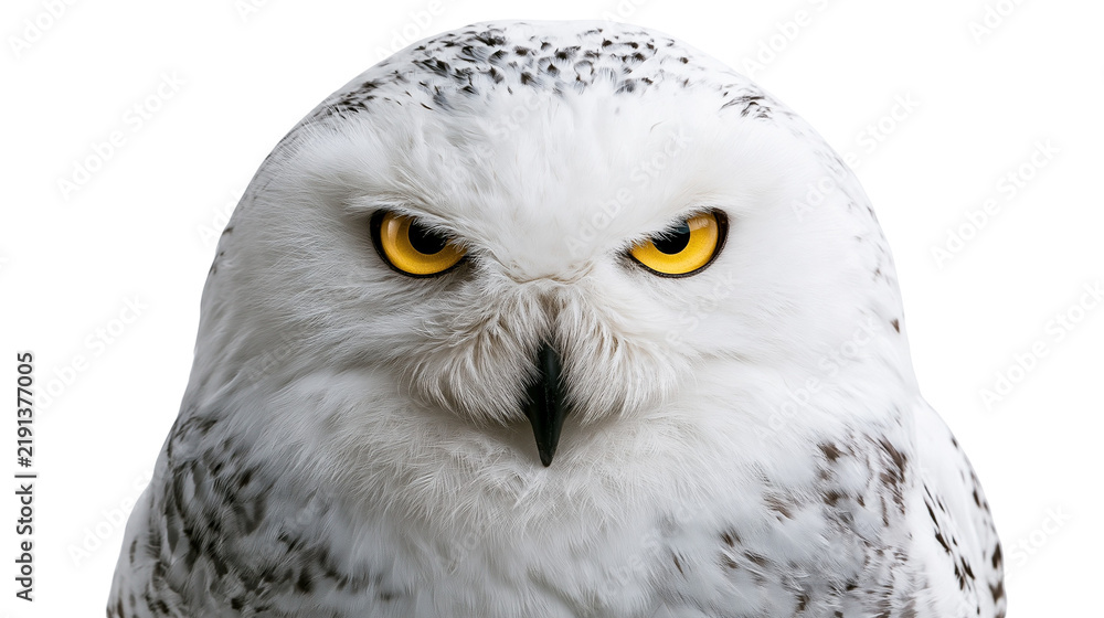 Obraz premium Close up portrait of a snowy owl with intense yellow eyes and white spotted feathers
