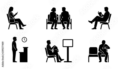 Black waiting room icons, people sitting and standing, reception and