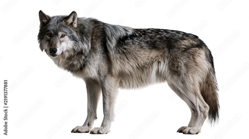 Fototapeta premium Grey wolf standing with thick fur and alert expression