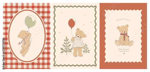 Vintage Christmas Teddy Bear Card and Poster Set, Cute Cottagecore Vector Illustrations with Balloons, Plaid and Winter Trees