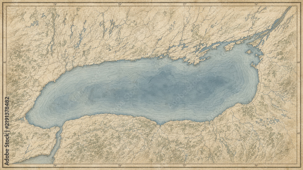 Obraz premium Lake Ontario from above, shoreline, rivers and surrounding terrain. Great Lakes geography on the United States and Canada border