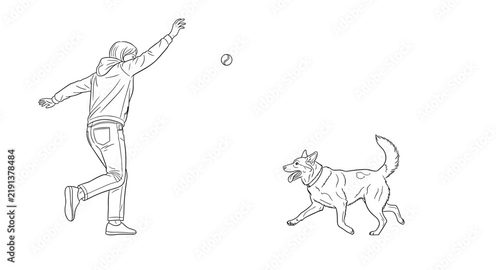Obraz premium Woman throwing ball while playful dog runs to catch it