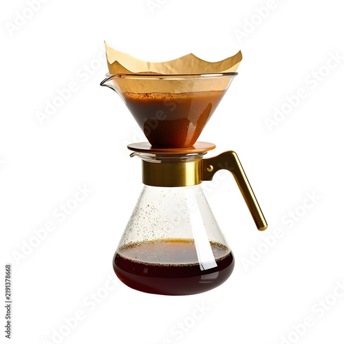 Glass pour over coffee maker with filter and brewed drink isolated on transparent background.