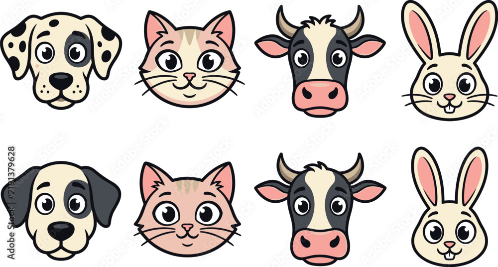 Obraz premium Cute animal faces, colorful cartoon vector illustration featuring dog, cat, cow, and rabbit heads for kids design