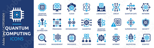 Fototapeta Quantum Computing Icons. Qubit and quantum computer solid vector icons collection.