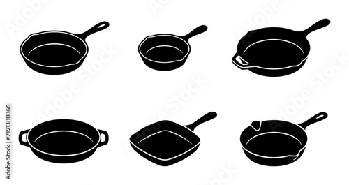 Black cast iron skillets and pans, various shapes, simple icons for