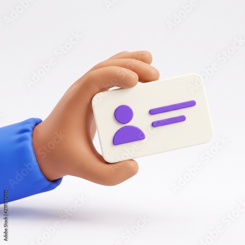 Stylized 3D hand holding a white identification card with a purple user icon