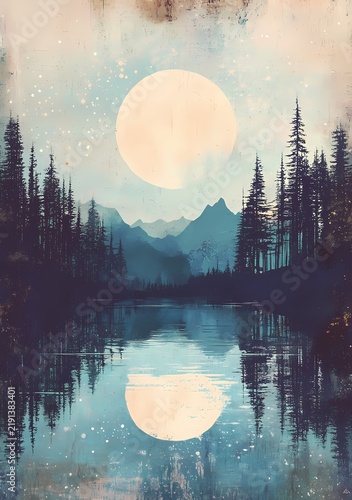 Silhouette of trees and mountains under large moon reflected in serene lake at dusk with artistic atmospheric style