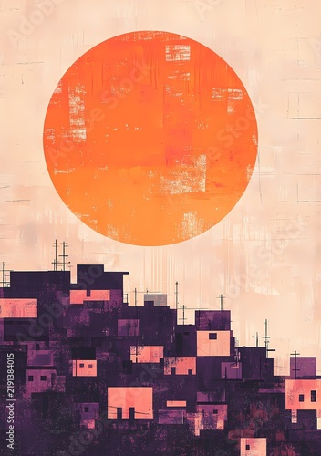 Abstract urban skyline with vibrant orange sun setting over silhouettes of colorful buildings in minimalist style