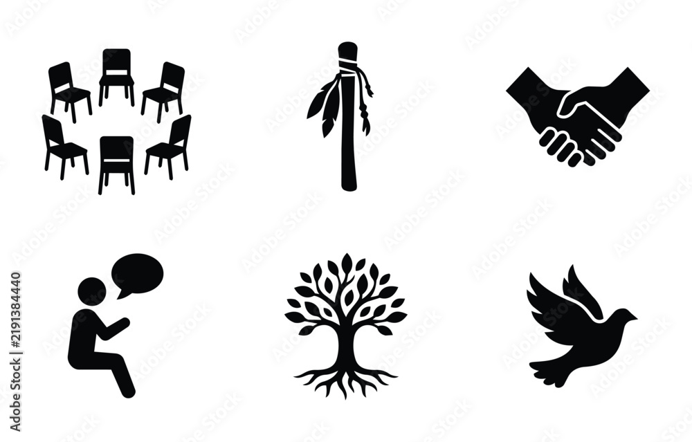 Fototapeta premium Community Gathering Icons, Support Group Symbols, Tree of Life, Dove of Peace, Handshake, Communication Vector Set