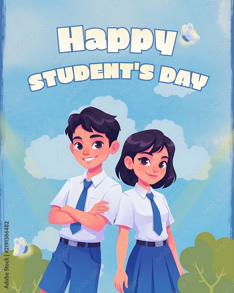 Obraz premium Happy Student's Day Celebration Featuring Two Smiling Students in School Uniform with Bright Blue Sky Background