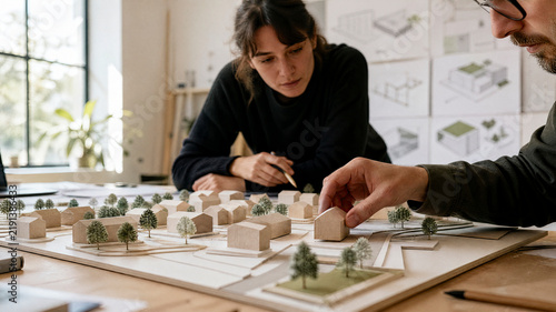 Two urban planners analyzing and adjusting miniature wooden houses on an architectural scale model of a compact housing development.