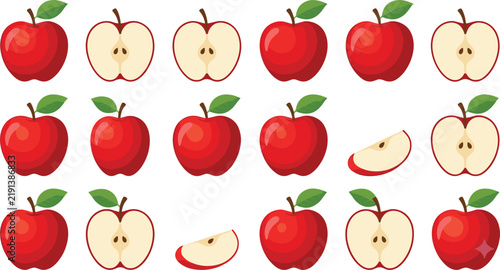Fresh Red Apple Fruit Vector Set with Whole Apples, Half Cuts, Core Seeds, Green Leaves, and Crisp Wedges for Graphic Design Elements