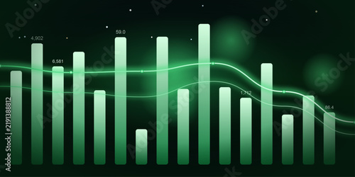 A sleek, green bar graph with a flowing line chart overlay represents financial data analytics on a dark background with subtle glowing particles.