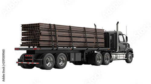 Bild auf Leinwand Black flatbed semi truck carrying a heavy load of stacked steel I-beams
