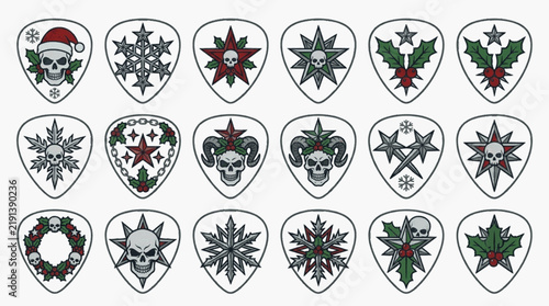 Collection of 18 heavy metal Christmas guitar pick designs featuring skulls with Santa hats, holly leaves, snowflakes, and stars in a vector illustration style on white background.