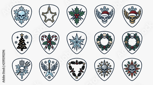 Vector illustration set of fifteen guitar plectrums featuring heavy metal Christmas motifs including skulls with Santa hats, winged demons, holly, wreaths, ice flakes, and bone stars.