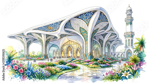 Mosque Architecture an Elegant Futuristic Design with Vibrant Watercolor Flower Gardens