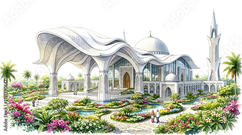 Elegant Modern Mosque Illustration with Flowing Architecture Intricate Details and Lush Botanical Gardens